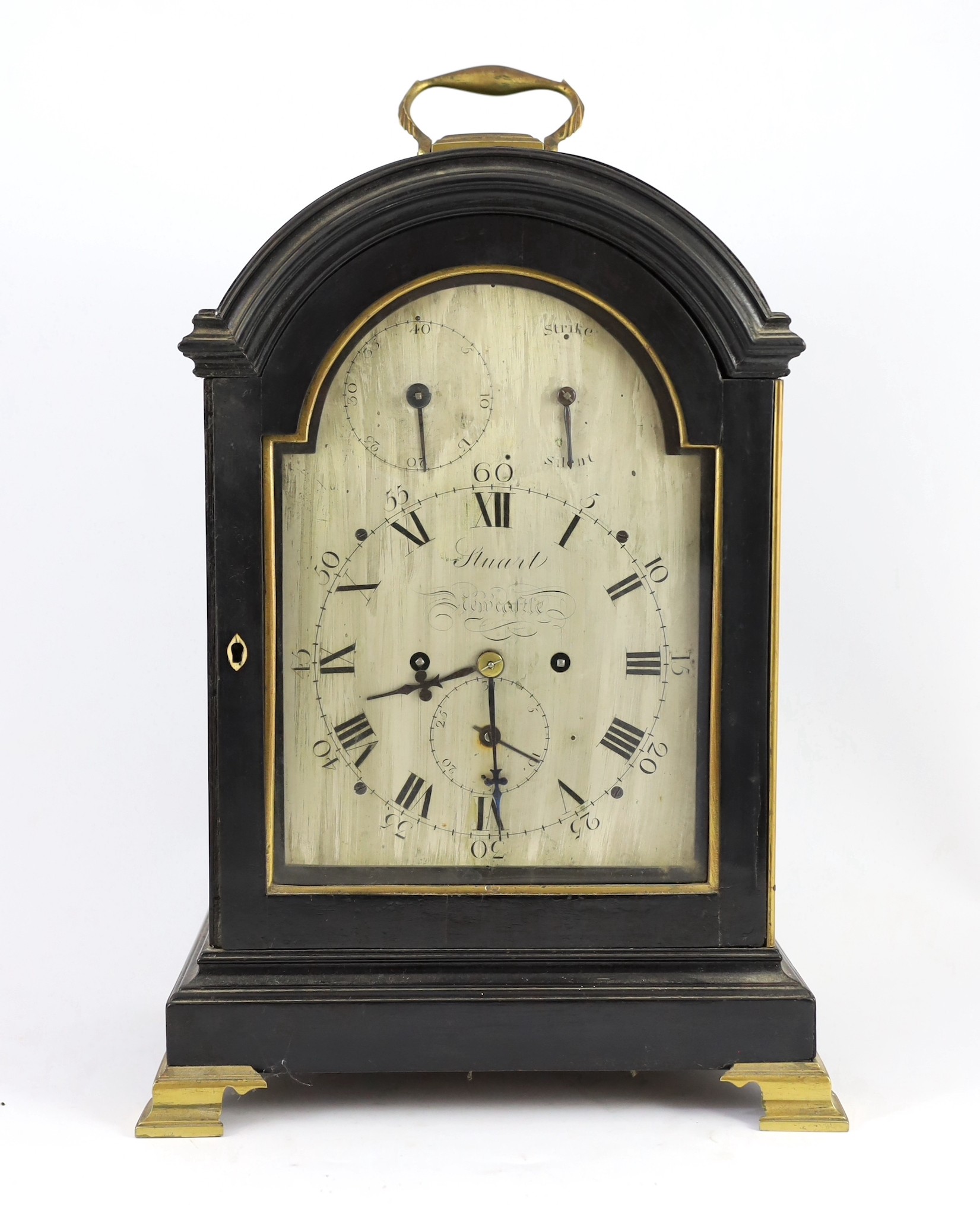 Stuart of Newcastle. A George III ebonised bracket clock, width 28cm depth 20cm height 41cm